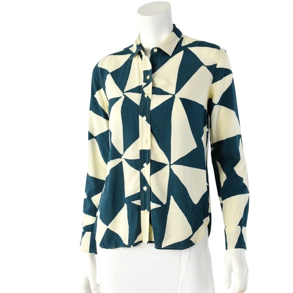 Ann Taylor Geometric Print Blouse XS LOFT Teal Green Cream Pinwheel Mod Top